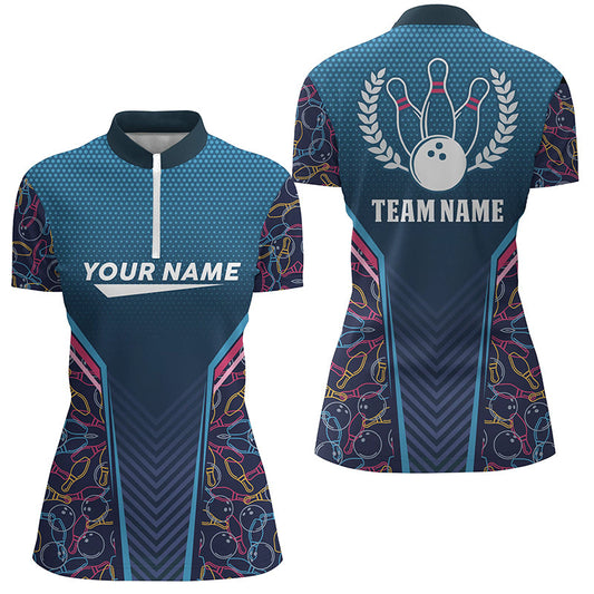 Bowling blue camo Women Quarter-Zip Shirt Personalized Bowling Team League Jerseys Gift For Bowlers NQS6832