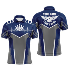 Load image into Gallery viewer, Bowling shirts for men custom name, team name Bowling Ball &amp; Pins mens polo shirts | Navy Blue NQS4900