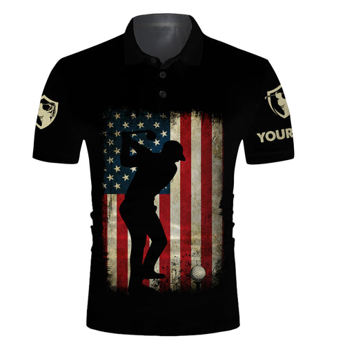 Vintage American flag patriotic US flag custom name black golf polo shirts - golf gift ideas for him NQS3594