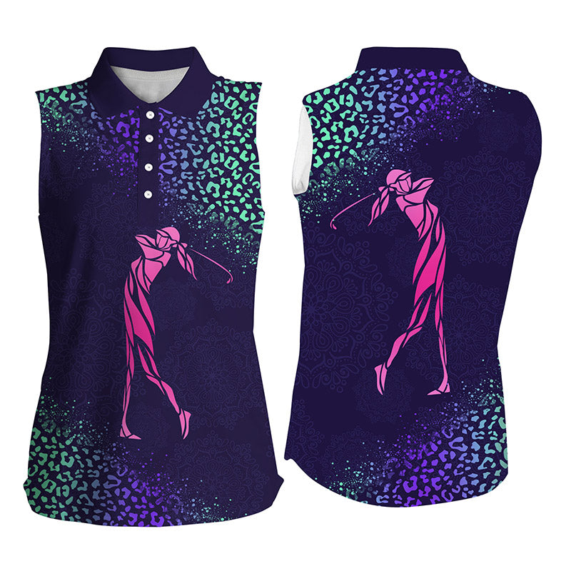 Womens sleeveless polo shirts purple gradient leopard women golf club gifts for golf lovers NQS4123