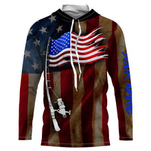 Load image into Gallery viewer, Vintage American flag patriotic fishing rod Custom Name UV protection UPF 30+ fishing jersey, patriotic Gifts for Fisherman NQS2943