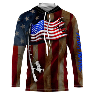 Vintage American flag patriotic fishing rod Custom Name UV protection UPF 30+ fishing jersey, patriotic Gifts for Fisherman NQS2943