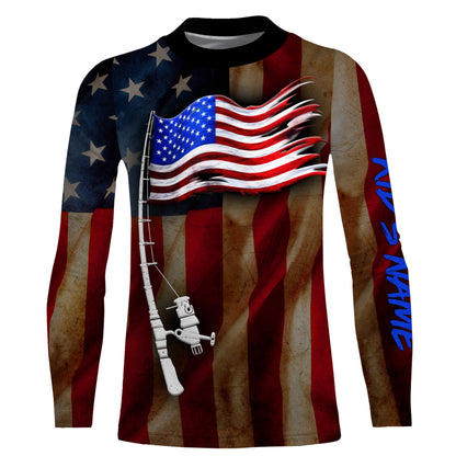Vintage American flag patriotic fishing rod Custom Name UV protection UPF 30+ fishing jersey, patriotic Gifts for Fisherman NQS2943