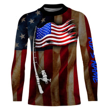 Load image into Gallery viewer, Vintage American flag patriotic fishing rod Custom Name UV protection UPF 30+ fishing jersey, patriotic Gifts for Fisherman NQS2943