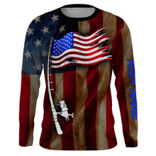 Load image into Gallery viewer, Vintage American flag patriotic fishing rod Custom Name UV protection UPF 30+ fishing jersey, patriotic Gifts for Fisherman NQS2943