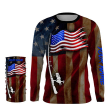 Load image into Gallery viewer, Vintage American flag patriotic fishing rod Custom Name UV protection UPF 30+ fishing jersey, patriotic Gifts for Fisherman NQS2943