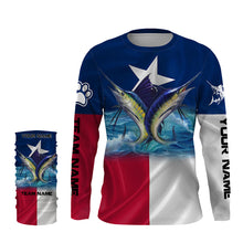 Load image into Gallery viewer, Marlin Sailfish fishing Texas flag custom name &amp; team name fishing apparel, custom upf fishing shirts NQS3052