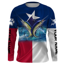 Load image into Gallery viewer, Marlin Sailfish fishing Texas flag custom name &amp; team name fishing apparel, custom upf fishing shirts NQS3052