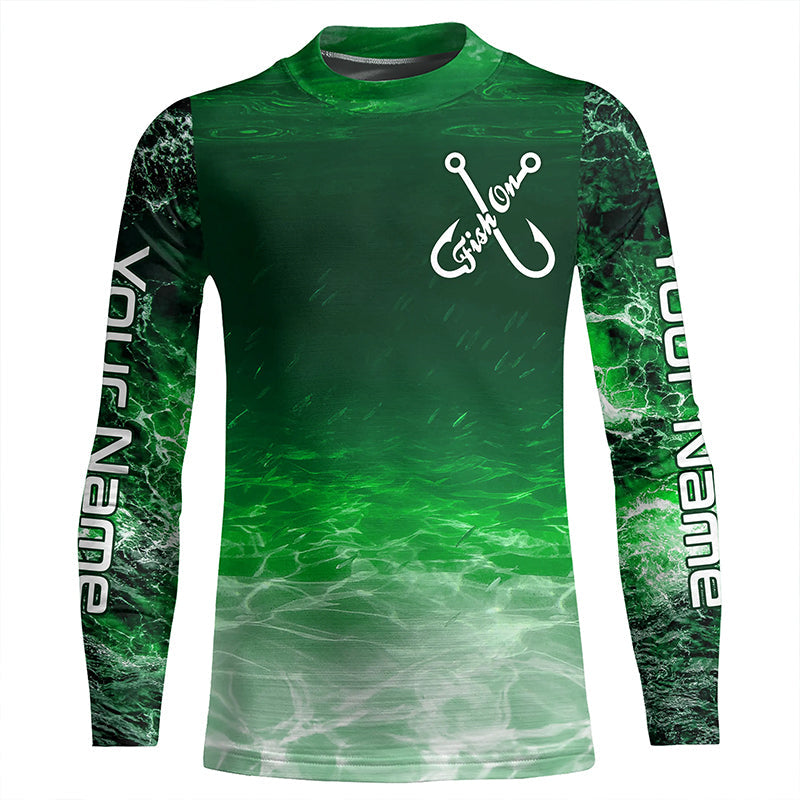 Fish on green sea water camo Custom Name performance long sleeve fishing shirts uv protection NQS7039