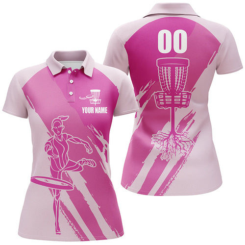Women disc golf polo shirts Custom name and number Disc Golfer basket, ladies disc golf shirts | Pink NQS5235