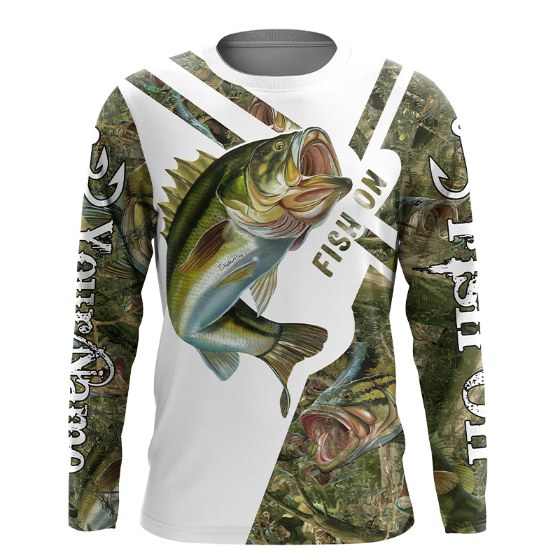 Largemouth Bass fishing fish on camo Custom sun protection long sleeve fishing shirts, Bass jerseys NQS4131