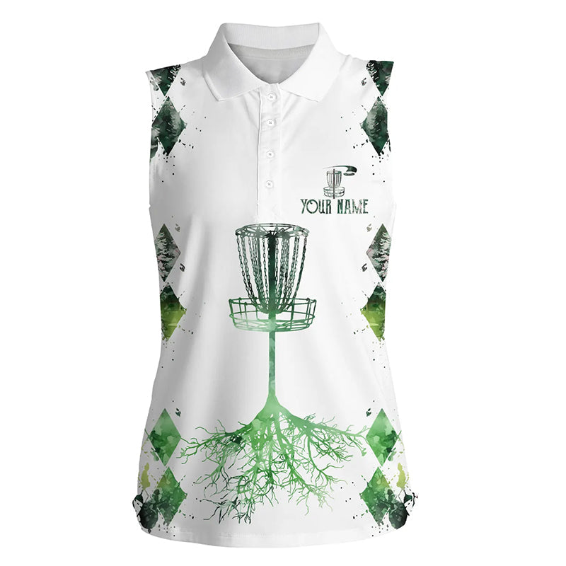 Watercolor green argyle white Women sleeveless disc golf polo shirt custom disc golf shirt NQS7297