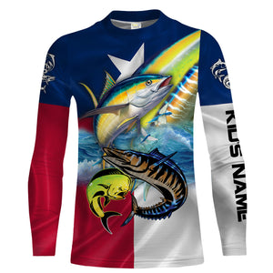 Mahi Mahi, Wahoo, Tuna fishing Texas flag UV protection Customize name long sleeves UPF 30+ personalized fishing gift NQS1971