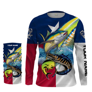 Mahi Mahi, Wahoo, Tuna fishing Texas flag UV protection Customize name long sleeves UPF 30+ personalized fishing gift NQS1971