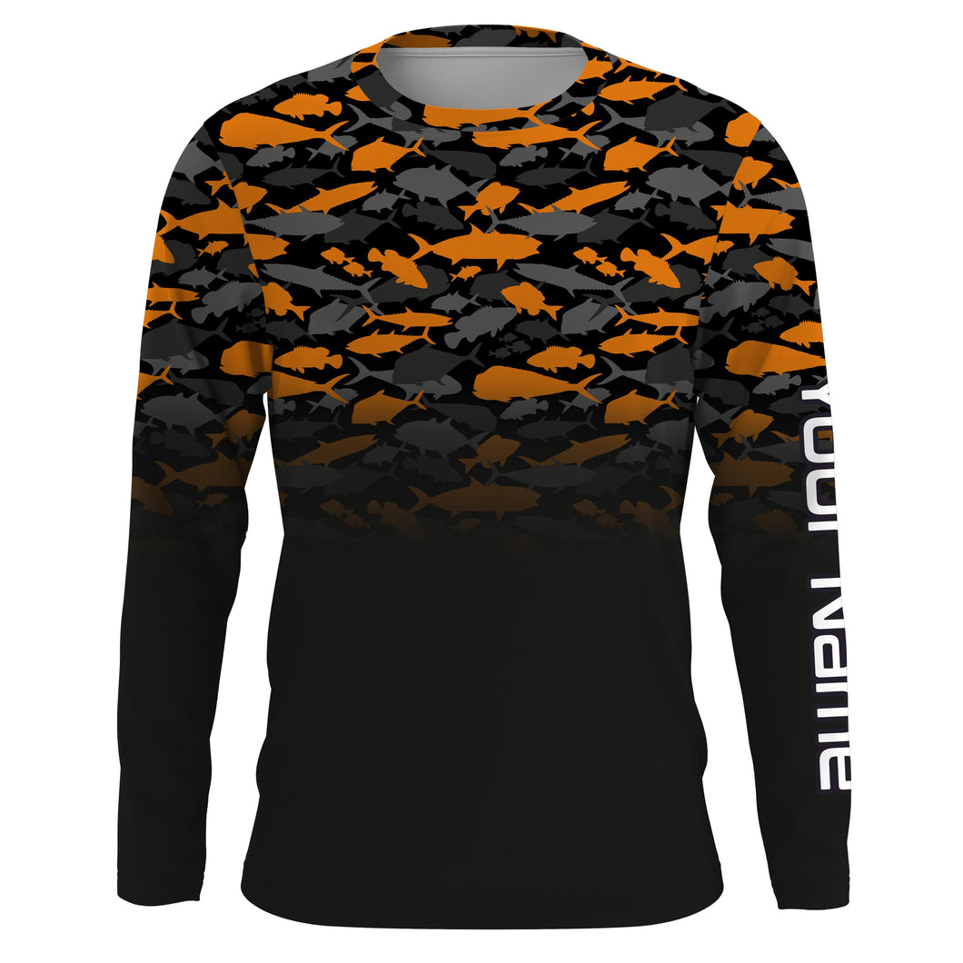 Fishing black orange camouflage UV long sleeve, hooded camo shirts Custom fishing apparel NQS2514