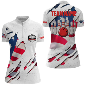 Custom Bowling shirts for women American flag patriotic Bowling Ball & Pins women Quarter Zip shirts NQS4954