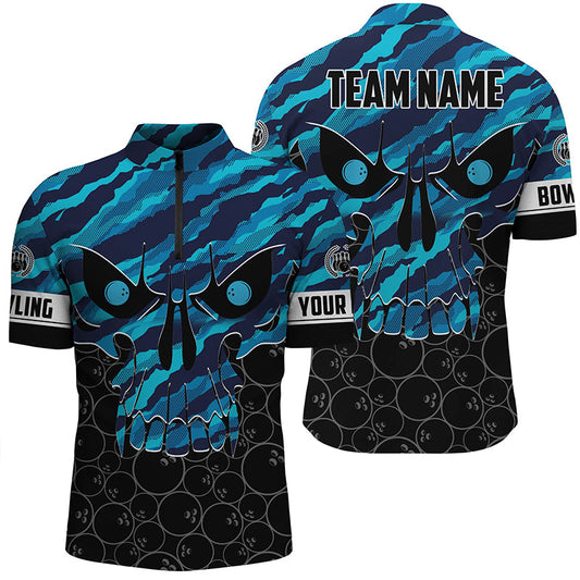 Personalized Skull Bowling Shirt for men Custom Team's Name blue camo Bowler Jersey Quarter Zip Shirt NQS6410