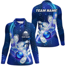 Load image into Gallery viewer, Women bowling polo shirts Custom blue light bowling ball pins hexagon pattern Bowling Team Jersey NQS6639
