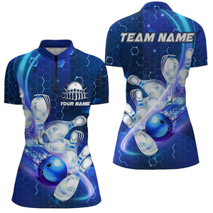 Womens bowling Quarter Zip shirt Custom blue light bowling ball pins hexagon pattern Team Jersey NQS6639