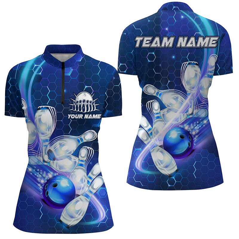 Womens bowling Quarter Zip shirt Custom blue light bowling ball pins hexagon pattern Team Jersey NQS6639