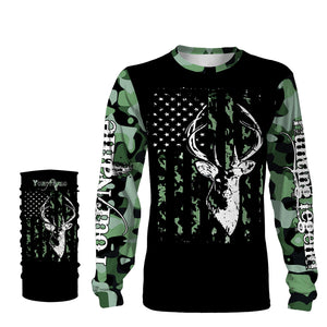 Deer hunting legend deer skull green camo American flag custom name deer hunting shirts NQSD54