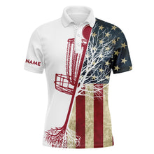 Load image into Gallery viewer, Mens disc golf polo shirt custom vintage American flag disc golf basket, personalized disc golf shirts NQS4740