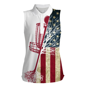 Womens disc golf sleeveless polo shirt vintage American flag disc golf basket, patriot disc golf shirt NQS4740