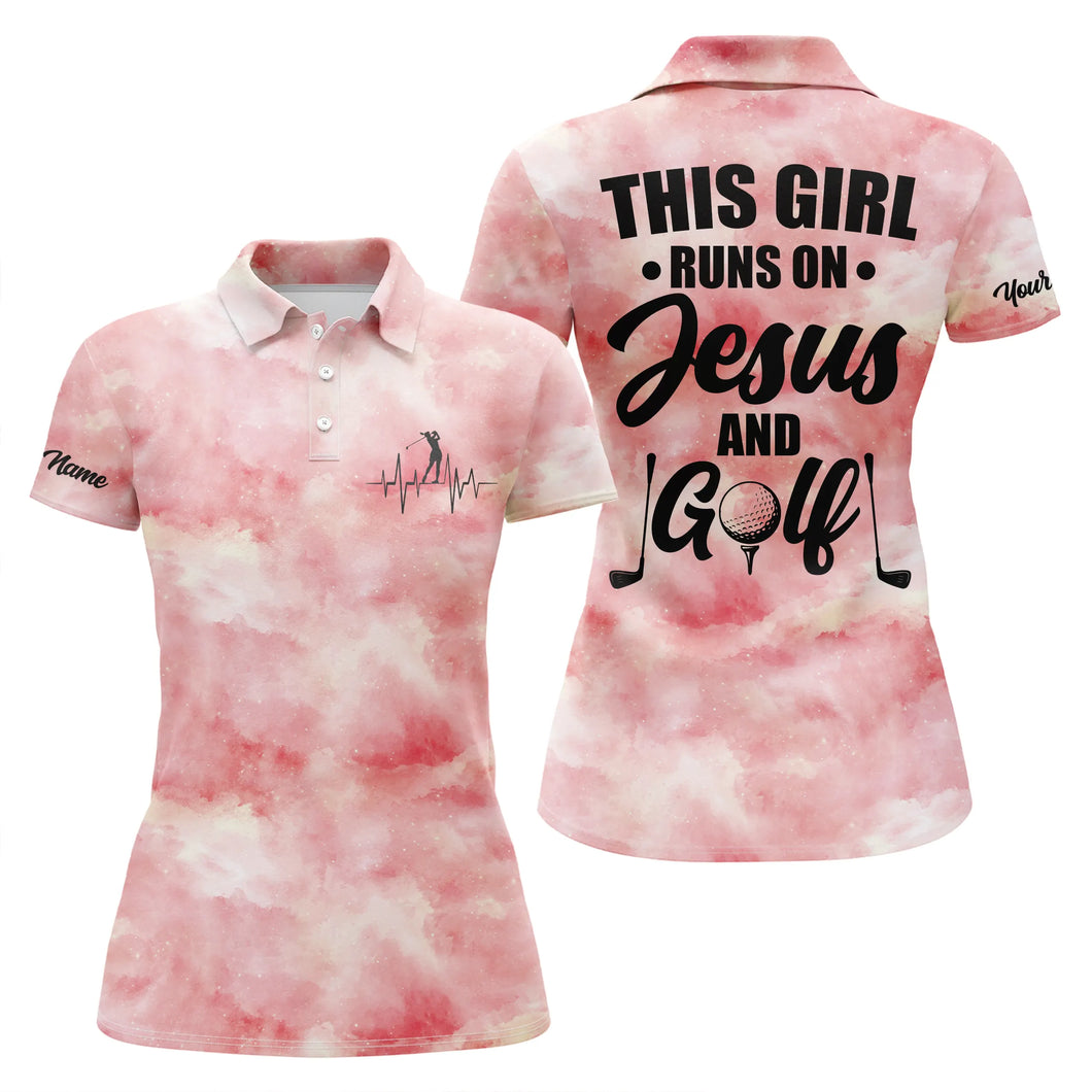 Womens golf polo shirt This girl runs on Jesus and golf custom pink galaxy background ladies golf tops NQS4969