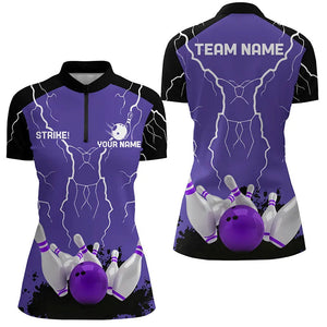 Womens bowling Quarter Zip shirt Custom bowling strike lightning storm team league jersey | Purple NQS6645