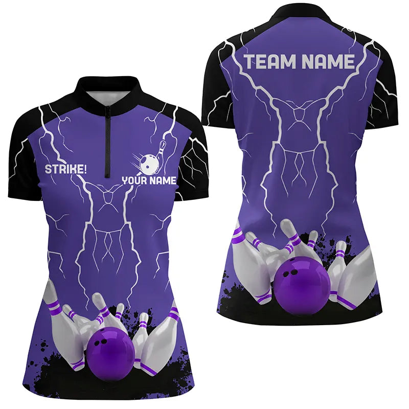 Womens bowling Quarter Zip shirt Custom bowling strike lightning storm team league jersey | Purple NQS6645