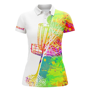 Womens disc golf polo shirt custom name watercolor disc golf basket, personalized disc golf shirts NQS4574