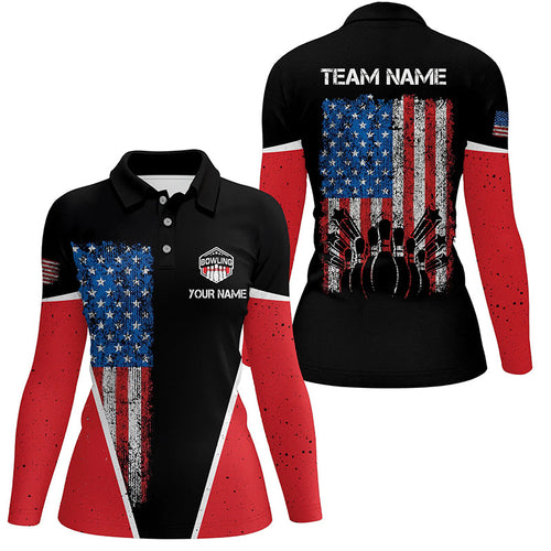 Personalized retro Bowling polo Shirt for women vintage American flag patriotic custom Bowler Jerseys NQS6423