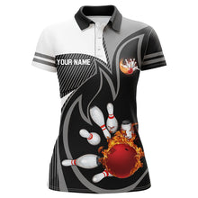 Load image into Gallery viewer, Black and White Bowling polo Shirt for women Custom red flame team bowling ball and pins Jerseys NQS7172