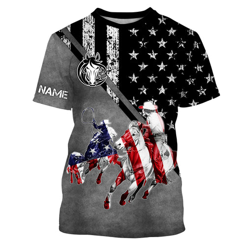 Team roping American flag custom name riding horse shirts, custom horse gift for men, women, kid NQS3078