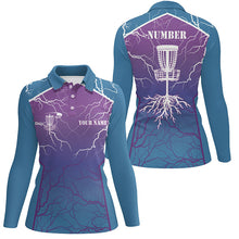 Load image into Gallery viewer, Blue purple Womens Disc golf polo shirt lightning thunder custom disc golf jerseys, Disc golf shirt NQS7318