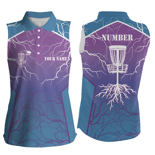 Blue purple Women sleeveless polo shirts lightning thunder custom disc golf jersey, Disc golf shirt NQS7318