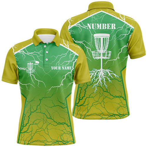 Yellow green Mens Disc golf polo shirt lightning thunder custom disc golf jerseys, disc golf shirt NQS7319