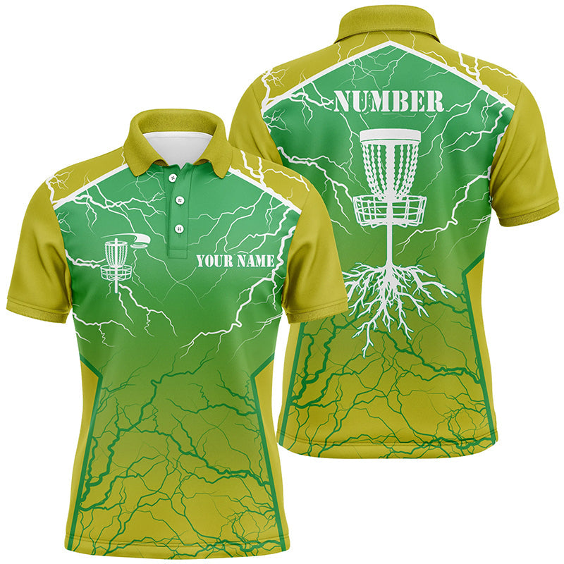Yellow green Mens Disc golf polo shirt lightning thunder custom disc golf jerseys, disc golf shirt NQS7319