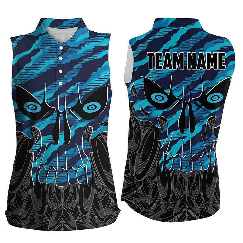 Blue camo Women Disc golf sleeveless polo shirts custom skull disc golf jerseys, disc golf shirts NQS7320