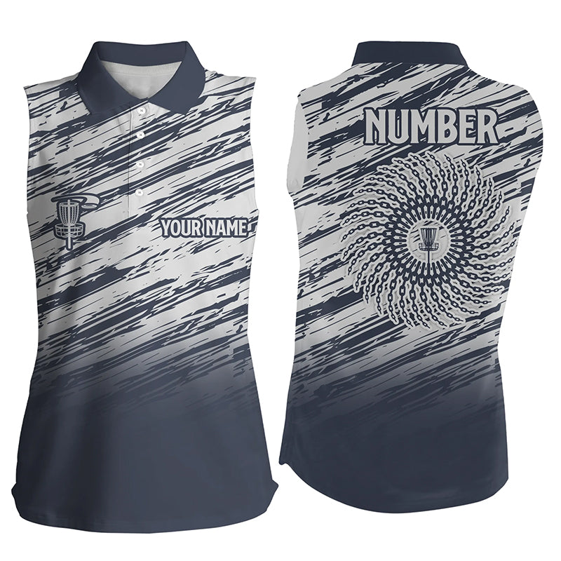 Women sleeveless disc golf polo shirt custom name, number camo disc golf jersey apparel | Blue NQS6436