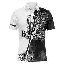 Load image into Gallery viewer, Mens disc golf polo shirt custom name black and white disc golf basket, personalized disc golf shirts NQS4395