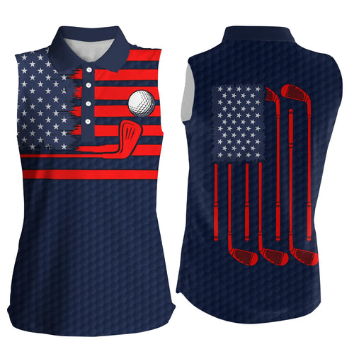 American flag patriotic womens sleeveless polo shirt blue golf polo shirt, unique golf gifts NQS4766