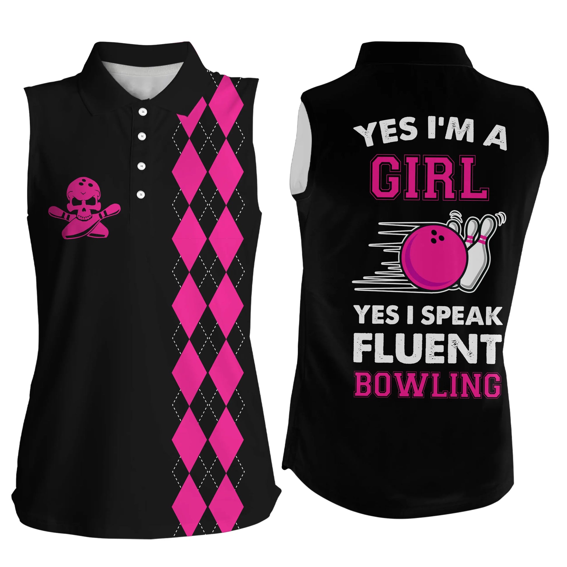 Custom Pink sleeveless bowling shirt for women – personalized team jersey front view