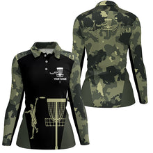 Load image into Gallery viewer, Womens disc golf polo shirt custom black camo disc golfers basket, personalized disc golf gifts NQS5314