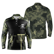 Load image into Gallery viewer, Mens disc golf polo shirt custom black camo disc golfers basket, personalized disc golf gifts NQS5314
