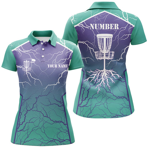 Womens Disc golf polo shirt lightning thunder custom disc golf jerseys, disc golf shirt | Turquoise NQS6682