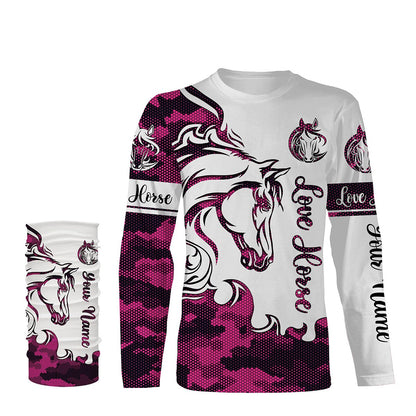 Love Horse pink camo Customize Name 3D All Over Printed Shirts Personalized Horse Lovers gift For Adult, Kid, horse shirt for girl NQS2692