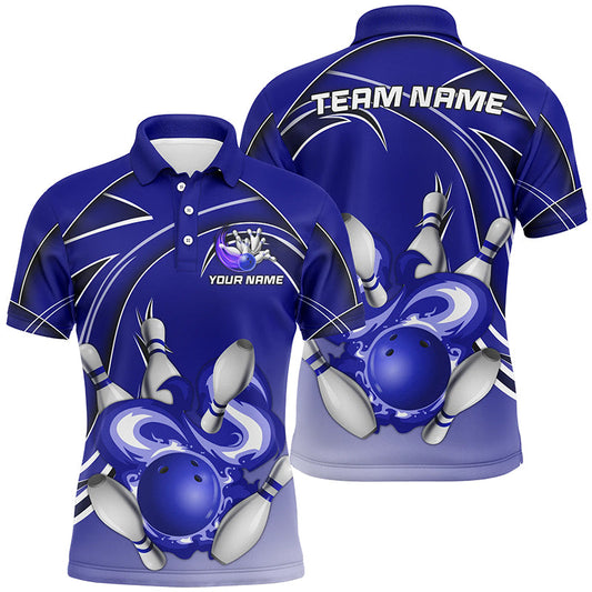 Men Bowling Polo Shirt Custom Bowling ball and pins Team league Jerseys, gifts for bowlers | Blue NQS7073