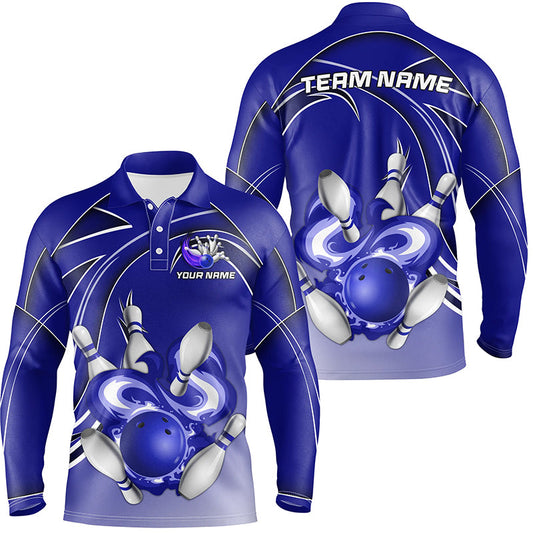 Men Bowling Polo Shirt Custom Bowling ball and pins Team league Jerseys, gifts for bowlers | Blue NQS7073