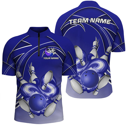 Men Bowling Quarter Zip Shirt Custom Bowling ball pins Team league Jerseys, gifts for bowlers | Blue NQS7073